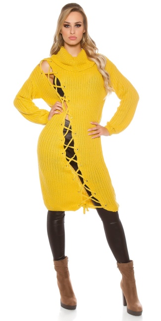 Trendy grof gebreide jurk met xl kraag mosterdgeel